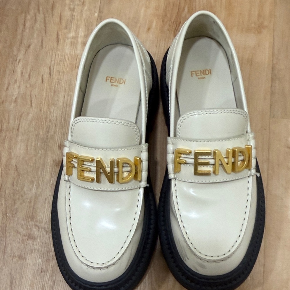 Fendi Cream and Gold Loafers